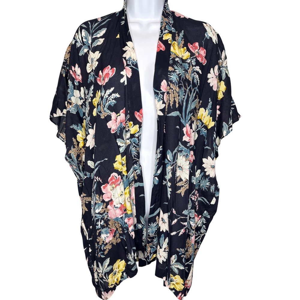 LOFT Womens Navy Blue Floral Open Front Kimono Cardigan Sz XS/S Flowy Resortwear